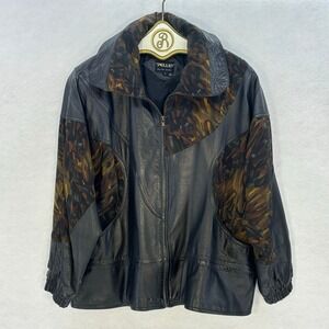 90s Vintage Leather Jacket Pelle Abstract Black Bomber Moto Retro Biker LARGE